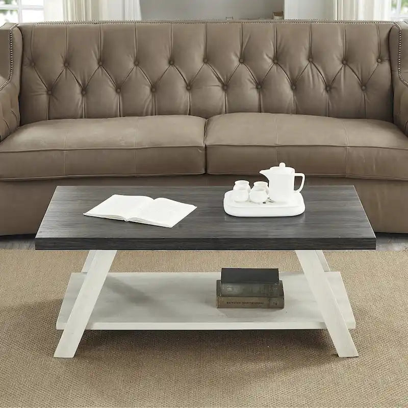 Table basse contemporaine en bois bicolore vieilli pour salon avec étagère