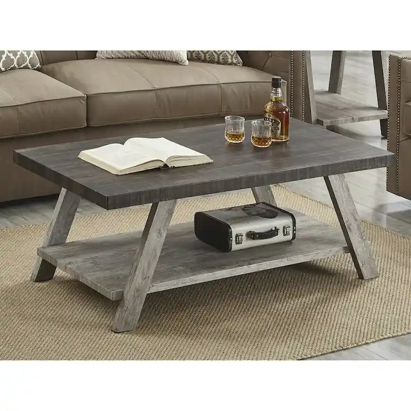 Table basse contemporaine en bois bicolore vieilli pour salon avec étagère