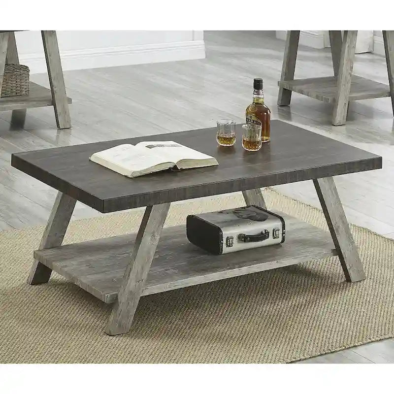 Table basse contemporaine en bois bicolore vieilli pour salon avec étagère