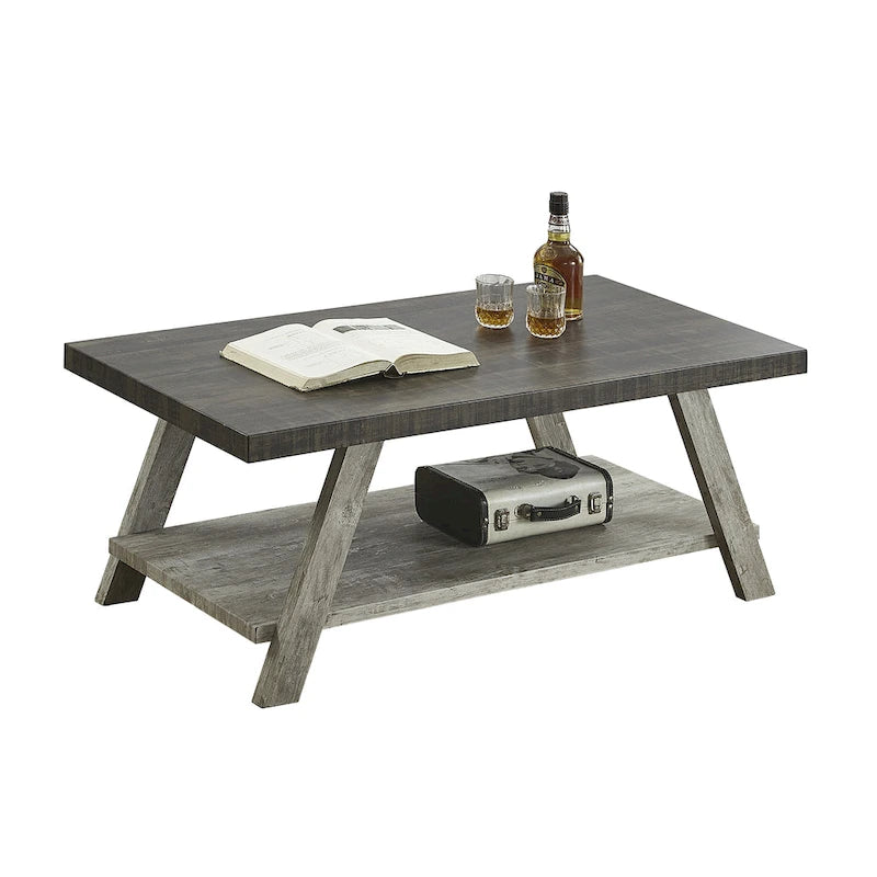 Table basse contemporaine en bois bicolore vieilli pour salon avec étagère