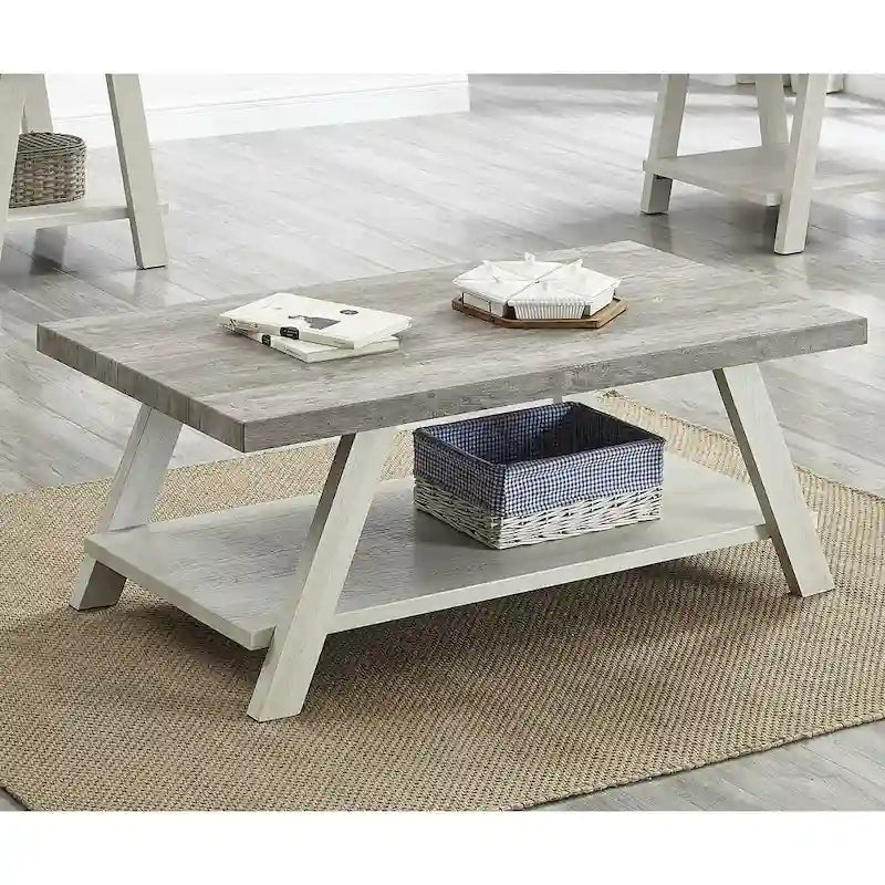 Table basse contemporaine en bois bicolore vieilli pour salon avec étagère