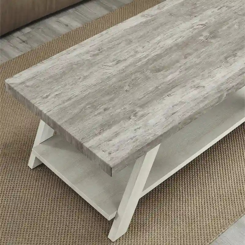 Table basse contemporaine en bois bicolore vieilli pour salon avec étagère