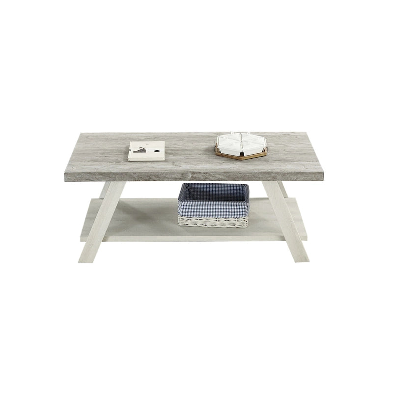 Table basse contemporaine en bois bicolore vieilli pour salon avec étagère