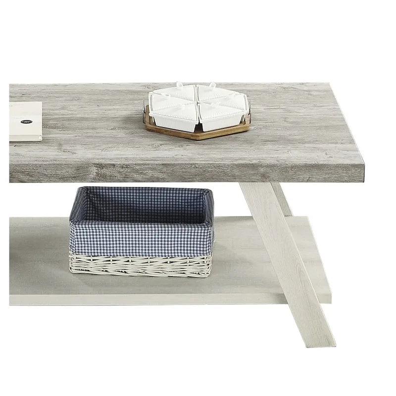 Table basse contemporaine en bois bicolore vieilli pour salon avec étagère