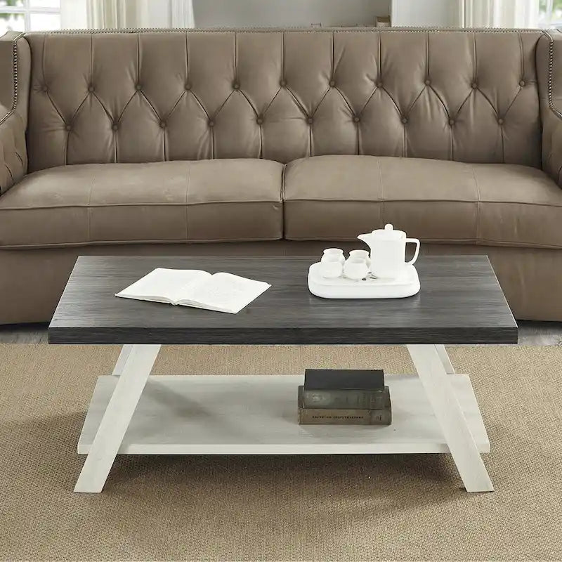 Table basse contemporaine en bois bicolore vieilli pour salon avec étagère