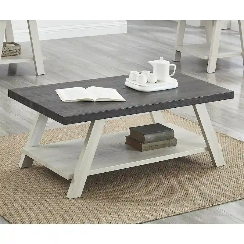Table basse contemporaine en bois bicolore vieilli pour salon avec étagère