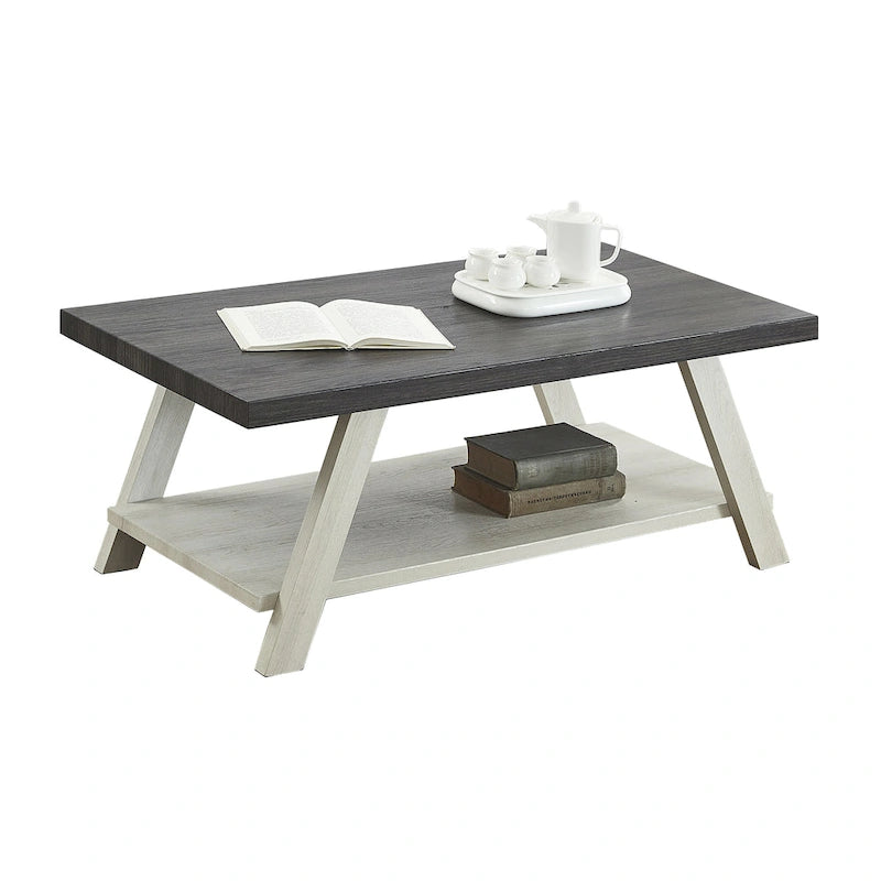 Table basse contemporaine en bois bicolore vieilli pour salon avec étagère