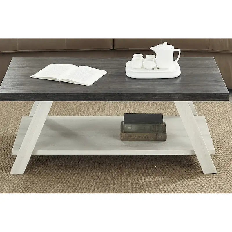 Table basse contemporaine en bois bicolore vieilli pour salon avec étagère