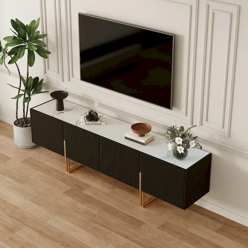 Meuble TV 78,7 pouces, meuble de divertissement avec plateau imitation marbre