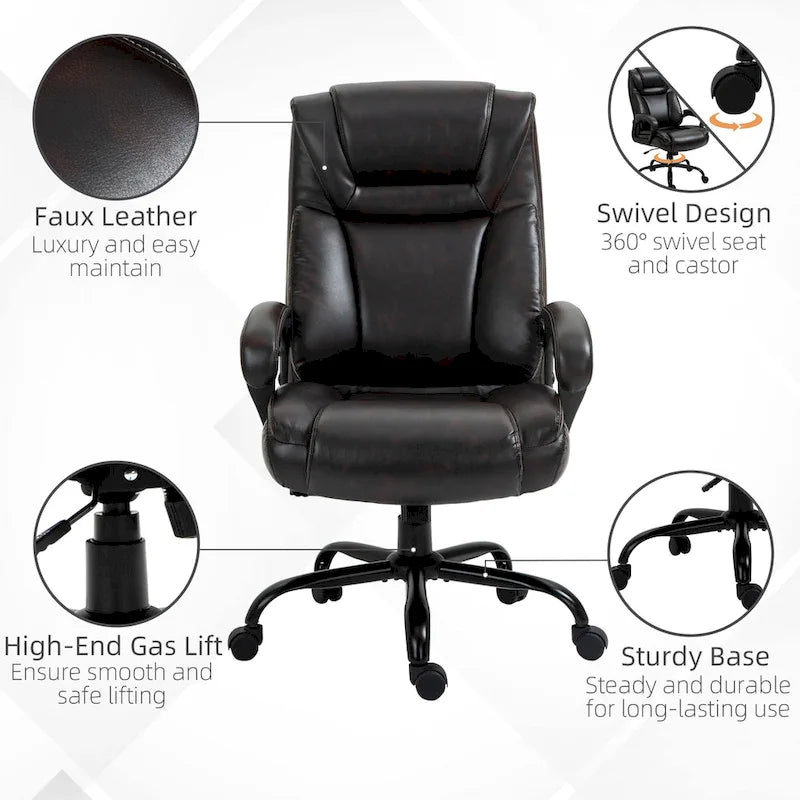 Fauteuil de bureau exécutif avec siège large, chaise de bureau d'ordinateur à dossier haut, hauteur réglable et roulettes pivotantes