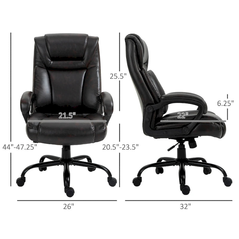 Fauteuil de bureau exécutif avec siège large, chaise de bureau d'ordinateur à dossier haut, hauteur réglable et roulettes pivotantes