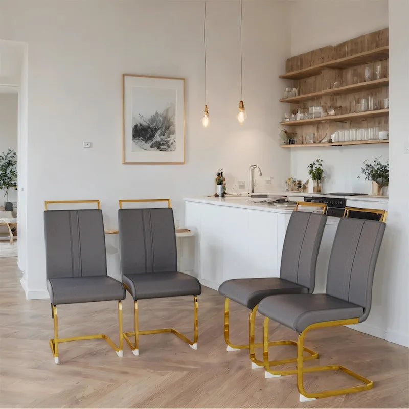 Chaise de salle à manger capitonnée à dossier haut en similicuir avec pieds en métal (Lot de 4)