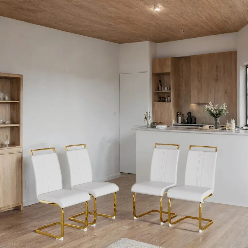 Chaise de salle à manger capitonnée à dossier haut en similicuir avec pieds en métal (Lot de 4)