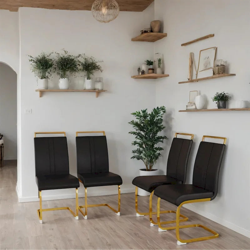 Chaise de salle à manger capitonnée à dossier haut en similicuir avec pieds en métal (Lot de 4)