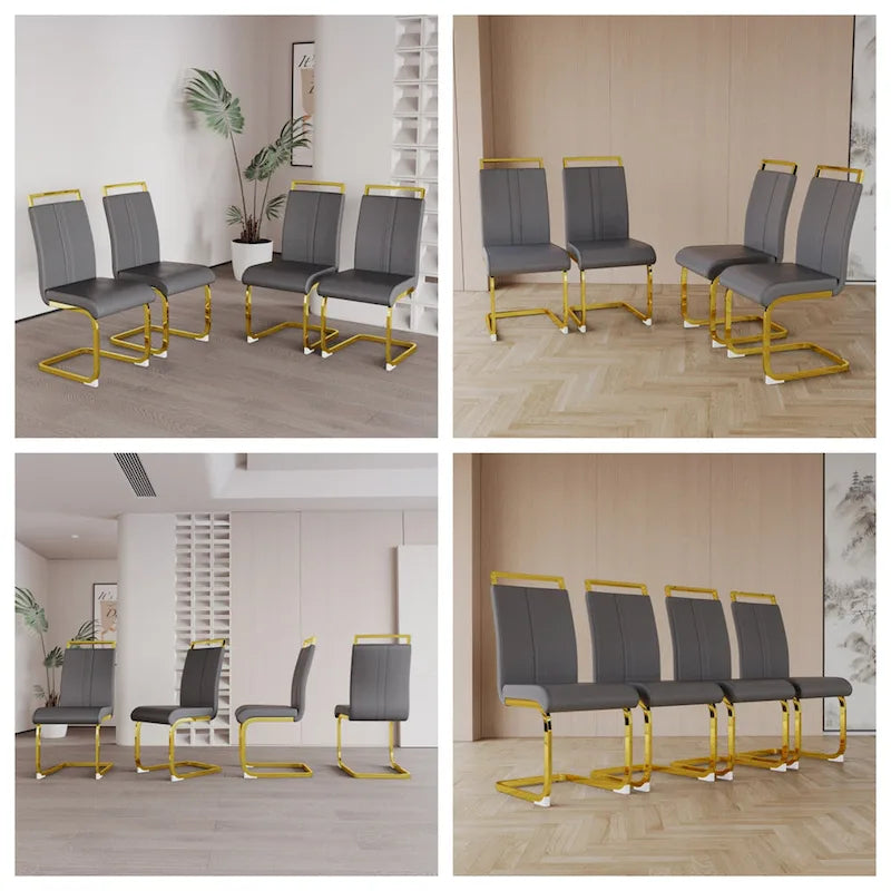 Chaise de salle à manger capitonnée à dossier haut en similicuir avec pieds en métal (Lot de 4)