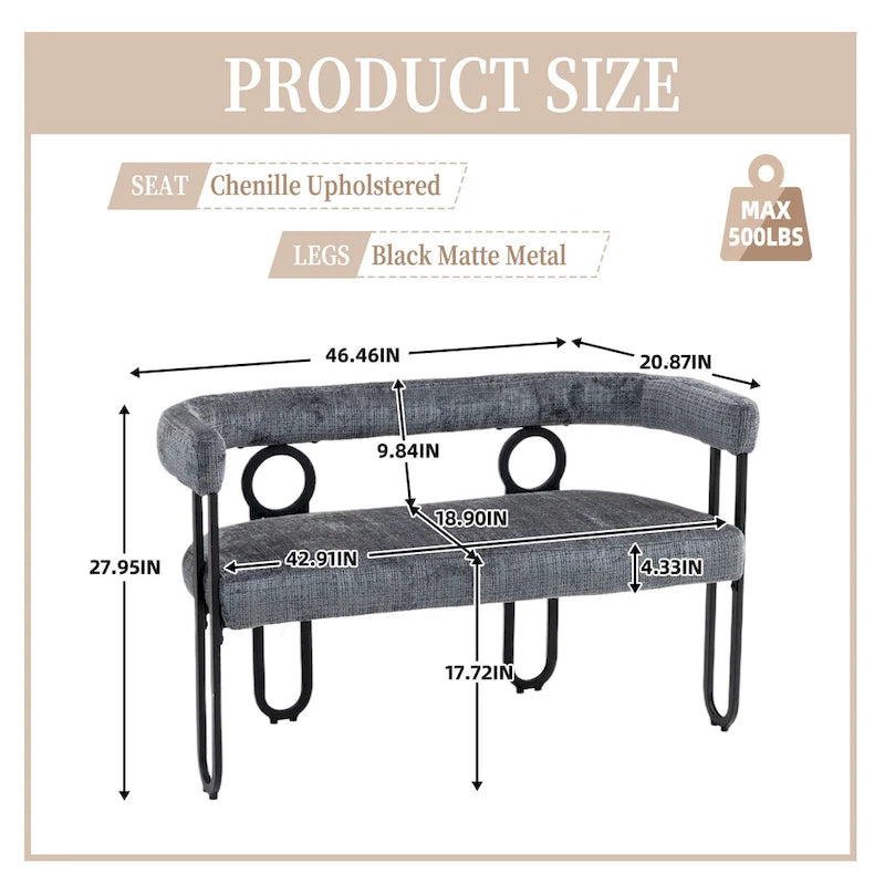 Canapé deux places moderne en tissu chenille avec accoudoirs et pieds en métal pour salon