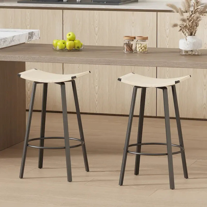 Tabourets de bar hauteur comptoir, chaises de salle à manger sans dossier tressées à la main avec repose-pieds rond, lot de 2 tabourets de pub en PVC tissé