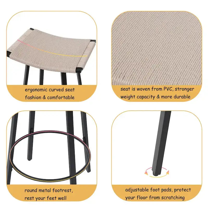 Tabourets de bar hauteur comptoir, chaises de salle à manger sans dossier tressées à la main avec repose-pieds rond, lot de 2 tabourets de pub en PVC tissé