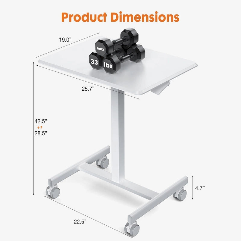Petit bureau debout de 108 cm de hauteur, mobile, portable, sur roulettes, pour ordinateur portable, réglable en hauteur avec roues