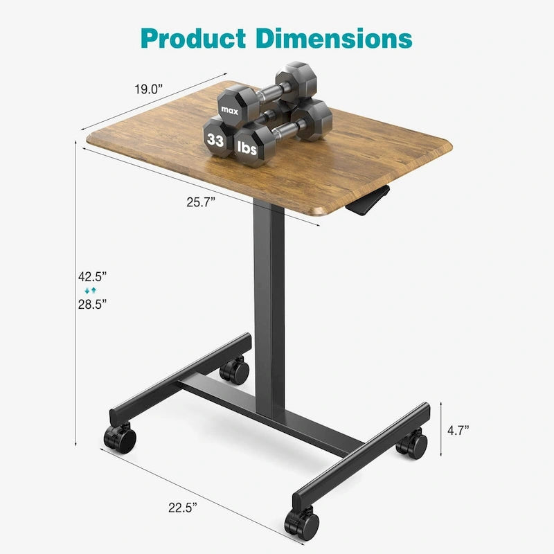 Petit bureau debout de 108 cm de hauteur, mobile, portable, sur roulettes, pour ordinateur portable, réglable en hauteur avec roues