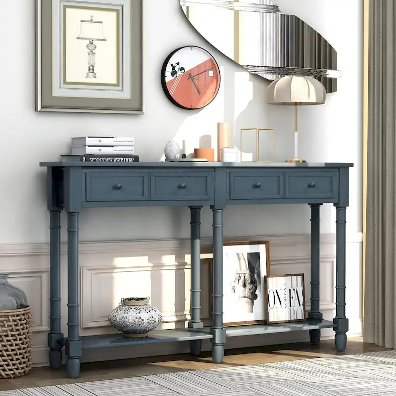 Console en bois massif avec tiroirs de rangement et étagère inférieure