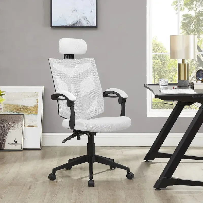Chaise de bureau réglable avec appui-tête Fauteuil de bureau ergonomique en maille à dossier haut avec support lombaire et roulettes