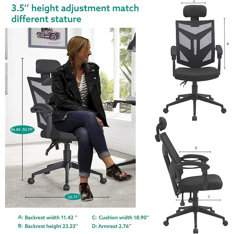 Chaise de bureau réglable avec appui-tête Fauteuil de bureau ergonomique en maille à dossier haut avec support lombaire et roulettes