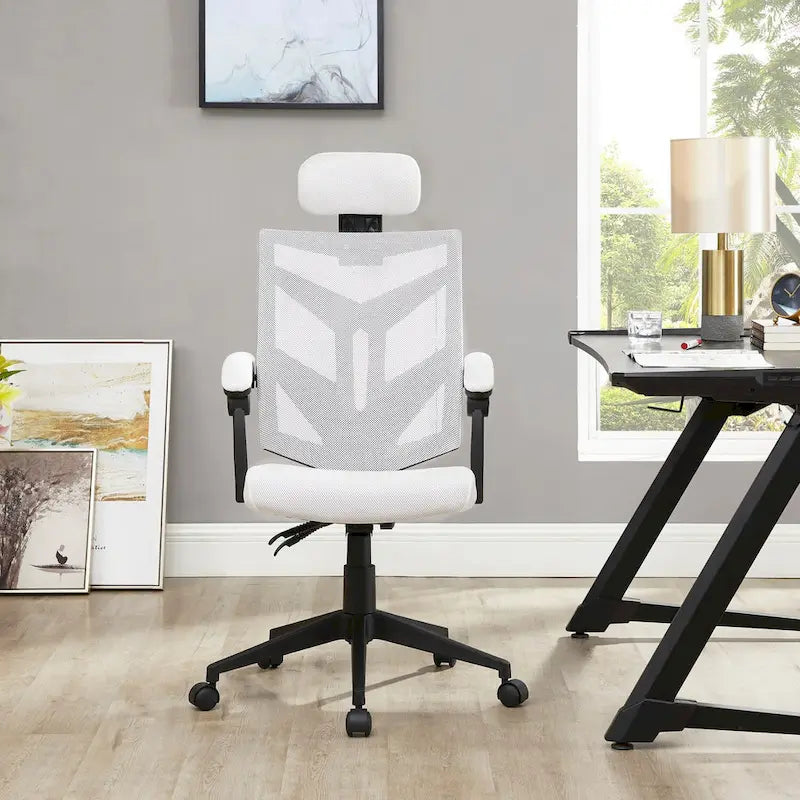 Chaise de bureau réglable avec appui-tête Fauteuil de bureau ergonomique en maille à dossier haut avec support lombaire et roulettes