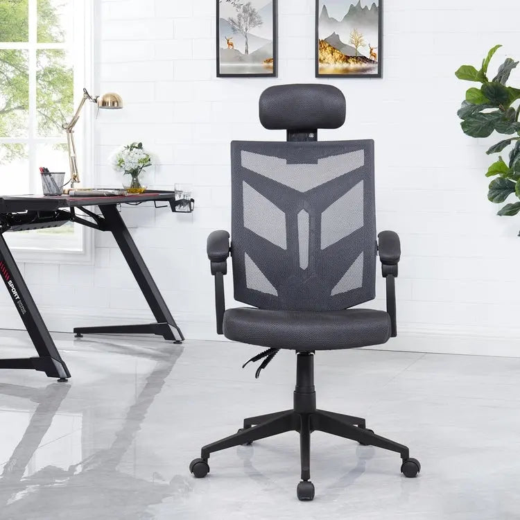 Chaise de bureau réglable avec appui-tête Fauteuil de bureau ergonomique en maille à dossier haut avec support lombaire et roulettes