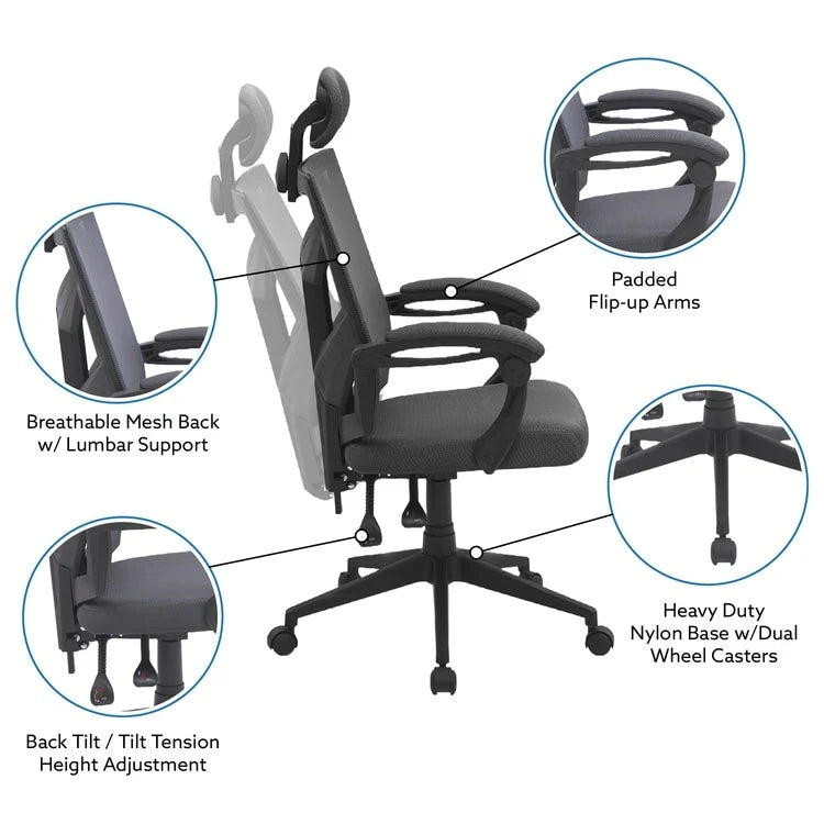Chaise de bureau réglable avec appui-tête Fauteuil de bureau ergonomique en maille à dossier haut avec support lombaire et roulettes