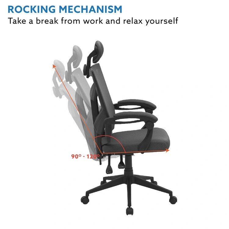 Chaise de bureau réglable avec appui-tête Fauteuil de bureau ergonomique en maille à dossier haut avec support lombaire et roulettes