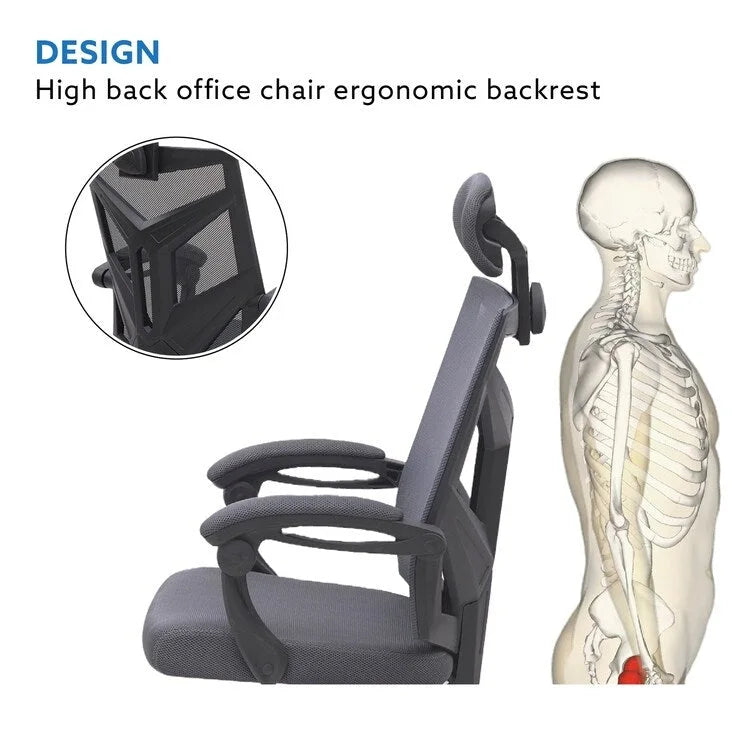 Chaise de bureau réglable avec appui-tête Fauteuil de bureau ergonomique en maille à dossier haut avec support lombaire et roulettes