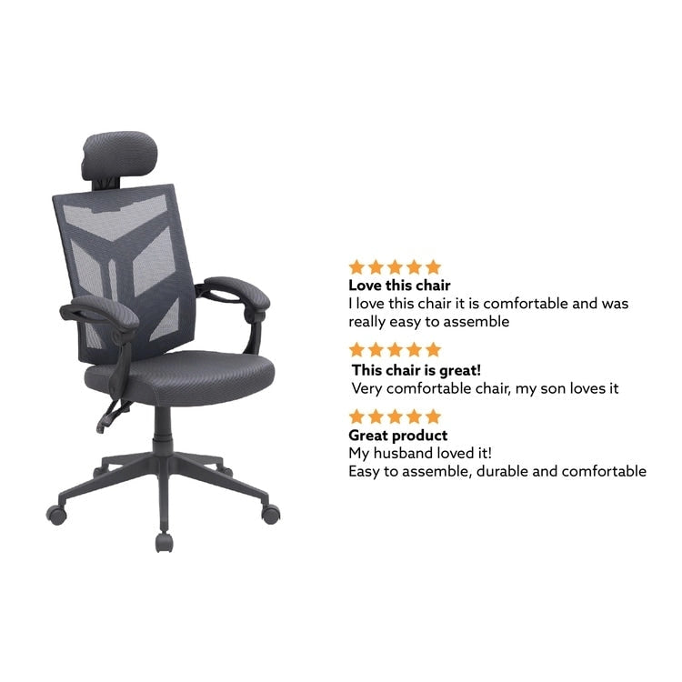 Chaise de bureau réglable avec appui-tête Fauteuil de bureau ergonomique en maille à dossier haut avec support lombaire et roulettes