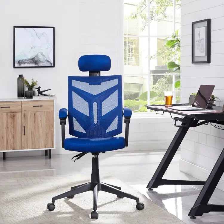 Chaise de bureau réglable avec appui-tête Fauteuil de bureau ergonomique en maille à dossier haut avec support lombaire et roulettes