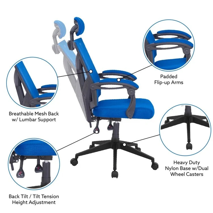 Chaise de bureau réglable avec appui-tête Fauteuil de bureau ergonomique en maille à dossier haut avec support lombaire et roulettes