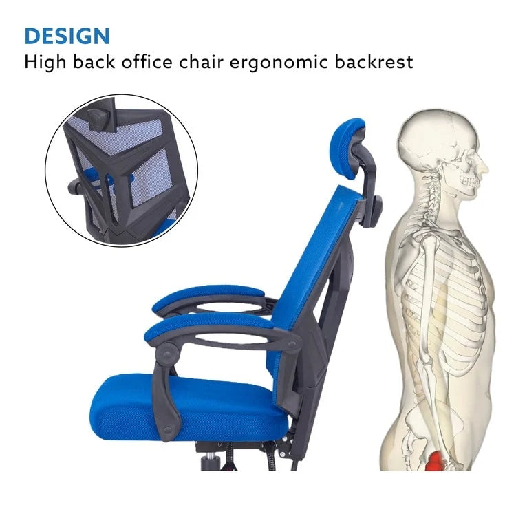 Chaise de bureau réglable avec appui-tête Fauteuil de bureau ergonomique en maille à dossier haut avec support lombaire et roulettes