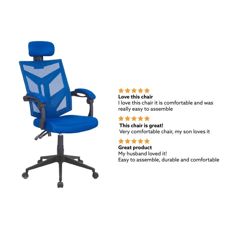 Chaise de bureau réglable avec appui-tête Fauteuil de bureau ergonomique en maille à dossier haut avec support lombaire et roulettes