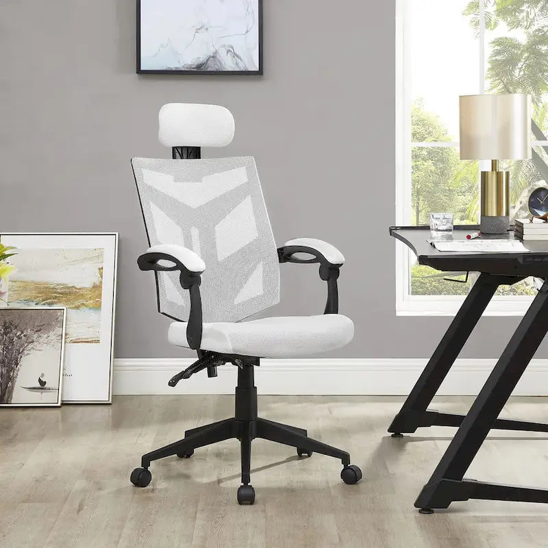 Chaise de bureau réglable avec appui-tête Fauteuil de bureau ergonomique en maille à dossier haut avec support lombaire et roulettes