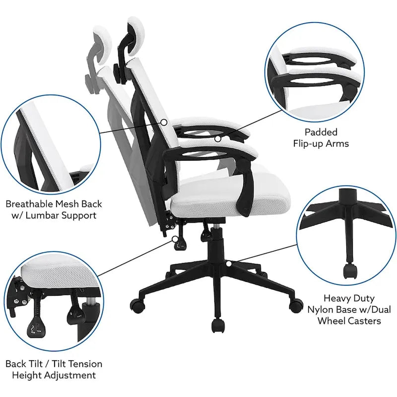 Chaise de bureau réglable avec appui-tête Fauteuil de bureau ergonomique en maille à dossier haut avec support lombaire et roulettes