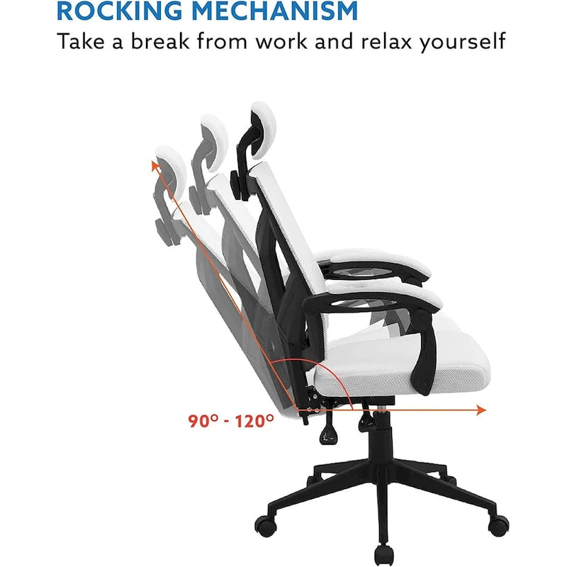 Chaise de bureau réglable avec appui-tête Fauteuil de bureau ergonomique en maille à dossier haut avec support lombaire et roulettes