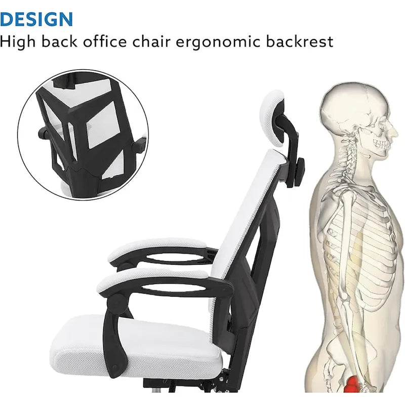 Chaise de bureau réglable avec appui-tête Fauteuil de bureau ergonomique en maille à dossier haut avec support lombaire et roulettes