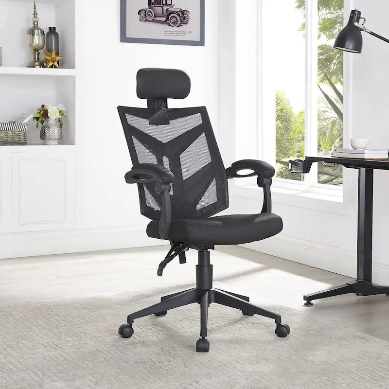 Chaise de bureau réglable avec appui-tête Fauteuil de bureau ergonomique en maille à dossier haut avec support lombaire et roulettes