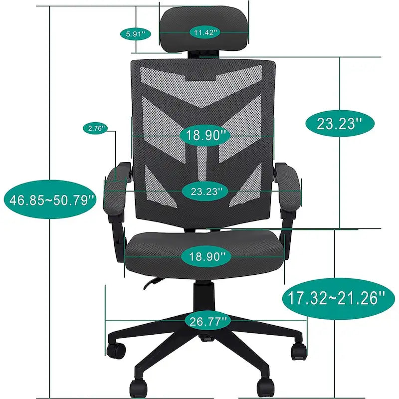 Chaise de bureau réglable avec appui-tête Fauteuil de bureau ergonomique en maille à dossier haut avec support lombaire et roulettes