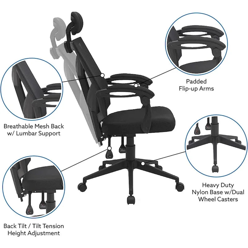 Chaise de bureau réglable avec appui-tête Fauteuil de bureau ergonomique en maille à dossier haut avec support lombaire et roulettes