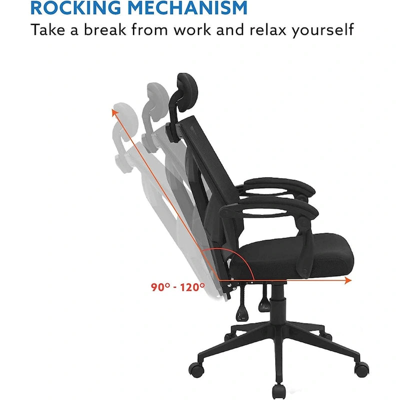 Chaise de bureau réglable avec appui-tête Fauteuil de bureau ergonomique en maille à dossier haut avec support lombaire et roulettes