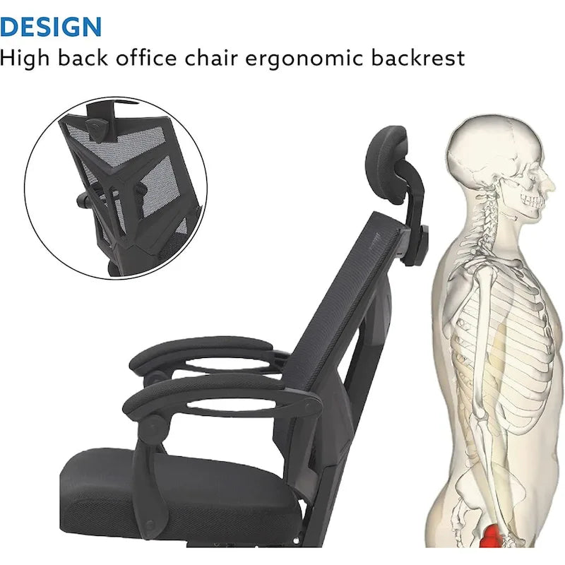 Chaise de bureau réglable avec appui-tête Fauteuil de bureau ergonomique en maille à dossier haut avec support lombaire et roulettes