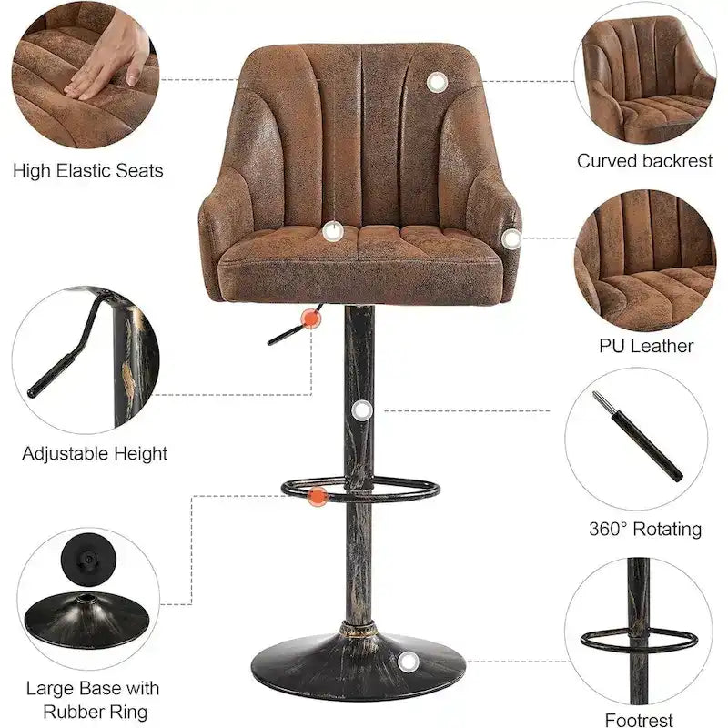 Tabourets de bar pivotants sans accoudoirs réglables en cuir PU, hauteur de comptoir avec vérin pneumatique chromé - Lot de 4