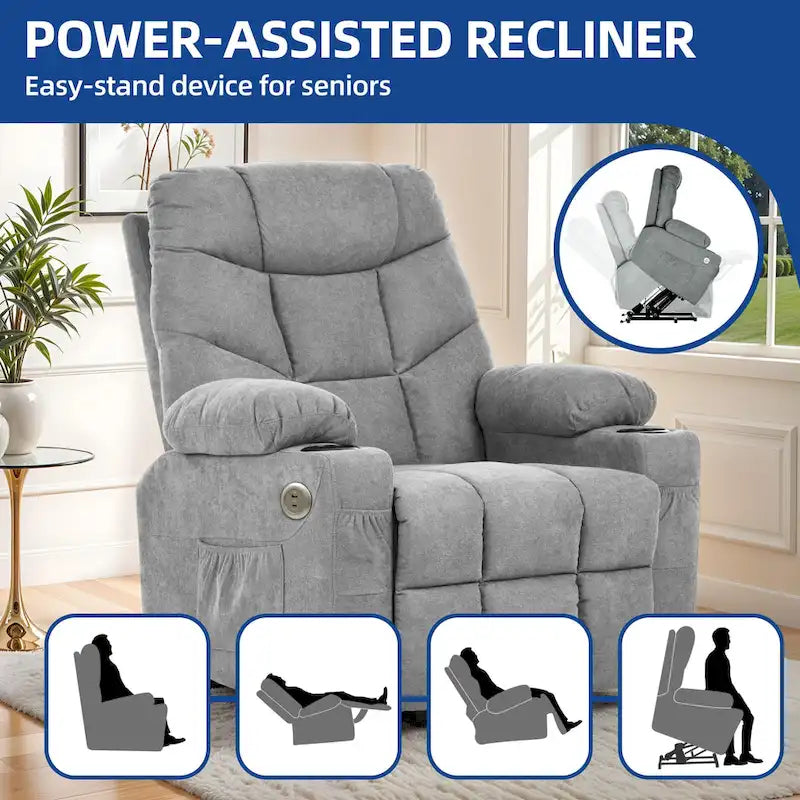 Fauteuil inclinable électrique releveur Moasis gris en tissu pour personnes âgées