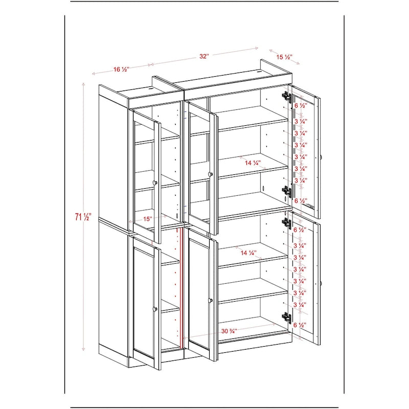 Vaisselier en bois massif 100% avec portes vitrées ou en bois massif et 2 tiroirs - 48,5 x 71,5