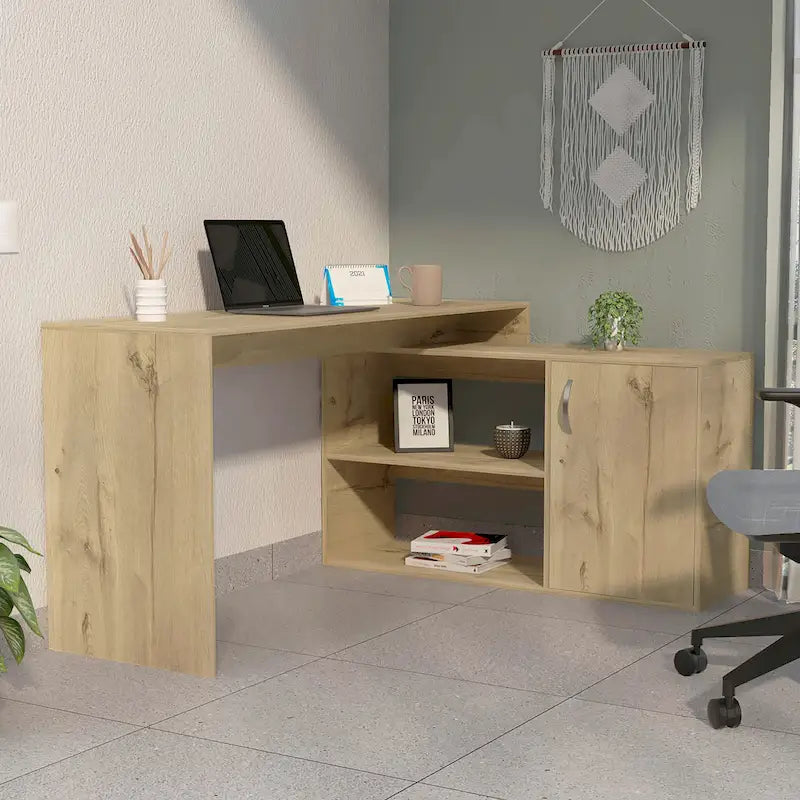 Bureau d'angle pour bureau à domicile, Deux étagères, Armoire à une porte